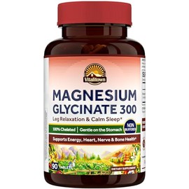 Vitalitown Glicinato de magnesio  Magnesio Elemental quelado, no tamponado de 300 mg  Más biodisponible, totalmente reaccionado  Hueso, músculo,...   