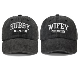 2PCS Est 2025 Hubby and Wifey Hats Bridal Shower Gifts Newlyweds Honeymoon Engagement Wedding Gifts for Couple Adjustable Baseball Caps
