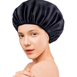 Shower Cap,terry Lined Shower Cap for Women Reusable, Triple Layer Waterproof Bath Cap, Extra Large for Women Long Hair (Black, One Size)