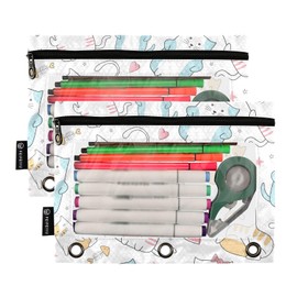 Cute Cat Pencil Pouch for 3 Ring Binder 2 Pack Large Capacity Pencil Pouch with Zipper Clear Binder Pencil Case for Storing College Office Supplies