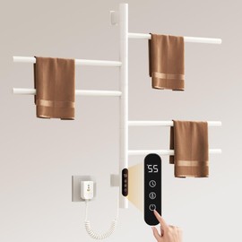 DOKKOME Electric Heated Towel Warmer Rack, Swivel Wall Mounted Towel Warmer Rack, 180°Swivelable Towel Dryer with LED Timer and Temperature Control for Home, Bathroom (G63-White-1)