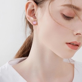 Silver Stud Earrings for Women Girls, Sterling Silver Pink Cubic Zirconia Small Stud Earrings Hypoallergenic Faux Round Diamond Studs Sleeper Earrings for Her Birthday Christmas Gifts, 6mm