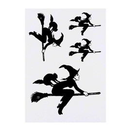 4 x 'Flying Witch' Temporary Tattoos - Water Resistant, Skin-Safe, Non-Toxic Transfers, Mixed Sizes (TO00012027)