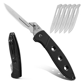 Folding Scalpel Pocket Knife ，EDC Utility Knife with 6pcs #60 Replaceable Blades ,Outdoor Knife with Pocket Clip and Liner Lock，Sharp Skinning Knives for Hunting, Fishing, Deer & Survival （Black）