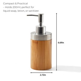 Bamboo Soap Dispenser – Wooden Soap Dispenser with Electroplated Pump, 200ml Capacity – Natural Wood Soap Dispenser for Bathroom, Kitchen, or Countertop – Refillable Liquid Hand Soap Pump Bottle