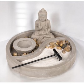 MIJOMA Buddha Figurine on Cement Plate with Tea Light Holder, Rake, Decorative Stones & Sand - Zen Garden Set - Spiritual Decoration for Inner Peace & Harmony (Round Diameter 19 cm)