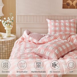 ARYURBU Duvet Cover Set Twin Size, 2pcs Washed Microfiber Checkered Seersucker Bedding Set, Pink Grid Soft Breathable Textured Duvet Cover with Zipper & Corner Ties for All Seasons
