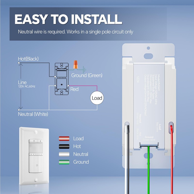 ECOELER Motion Sensor Dimmer Light Switch, in-Wall Electronic Dimmer with
