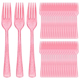 100 Pcs Pink Glitter Plastic Forks, Disposable Heavy Duty Pink Cutlery Forks 7.3 Inch, Plastic Silverware Utensils for Party Birthday Wedding Baby Shower Halloween Thanksgiving Daily Use