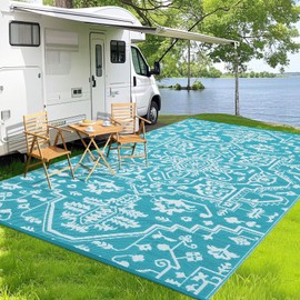 GarveeLife Outdoor Rug Waterproof 9x18 UV Resistant Plastic Straw Patio Rug Foldable Lightweight Camping Carpet Modern Reversible Outdoor Mat for Porch, Picnic, Yard, Garden, Light Blue & White