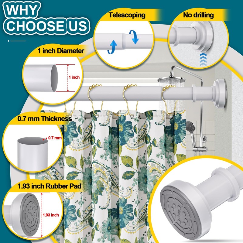 White Shower Curtain Rod 36-68 Inch(3-5.6ft) Never Rust No Drilling