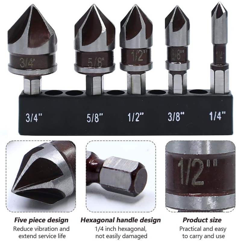 GYSRXS 5 Piece Countersink Drill Bit Set for Metal 82°