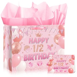 Innovoscape 1/2 Birthday Girl Decorations Pink Half Birthday Bag with Tissue Paper Card 6 Months Happy Bday Party Decorations for Halfway to One Baby Shower Party Favors Decorations Supplies