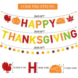 PTFNY Glittery Happy Thanksgiving Banner Thanksgiving Banner Circle Dots Garland with Maple Leaves Turkey Pumpkin Signs for Fall Thanksgiving Day Party Decorations Friendsgiving Party Supplies
