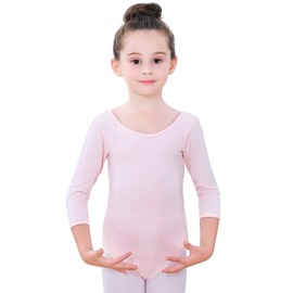 Soudittur Girls Leotard Pink Ballet Dance Team Basic 3/4 Long Sleeve Mesh Back Cotton Bodysuit Dancewear for Teens (Pink, Tag 100 (Age 2-4 Height 38-41”))