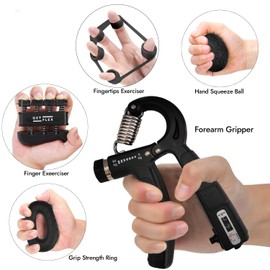 Grip Strength Trainer Kit (6 Pack) – Adjustable Hand Grip Strengthener with Built-in Rep Counter, Finger Strengthener & Forearm Trainer with Stress Relief Ball for Muscle Building & Recovery – Adjustable Resistance Ranging From 11 to 132 Lbs (5 to 60 Kg) - Orange