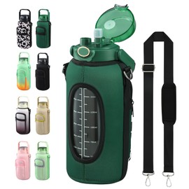 chunmo Half Gallon 64oz Glass Water Bottle with Straw and Storage Sleeve Motivational Water Bottle with Strap and Time to Drink 2L Leakproof Reusable Water Jug for Fitness Gym and Outdoors