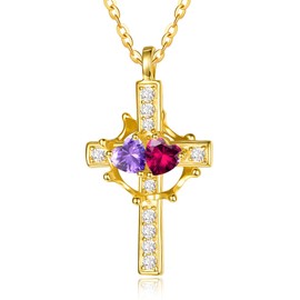Zeuslia Crown Cross Birthstone Necklace for Women 925 Sterling Silver Gold Cross Necklace with Crown Pendant Double Birthstones Jewelry Gifts for Women On Birthday Anniversary, Sterling Silver, Ruby