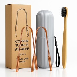 Copperholic Tongue Scraper Set (2 Pack) – Pure Copper Cleaner Kit with Bamboo Toothbrush with Charcoal Bristles & Travel Case – Daily Oral Hygiene Tool for Men & Women