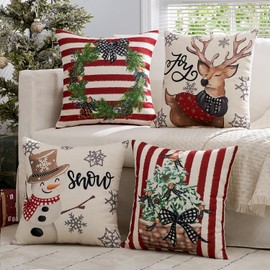 MIULEE - Juego de 4 fundas de almohada decorativas rojas de 20 x 20 pulgadas, fundas de almohada de muñeco de nieve de alce de feliz Navidad, fundas de cojín de invierno para decoración del hogar para