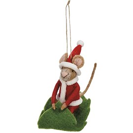 Primitives by Kathy Santa Mouse Sledding On Leaf Felt Figurine 3x4