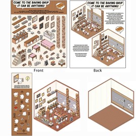 DIY 3D House Stickers, 4 Sets of Fun Miniature Scene Stickers with 1 Tweezers, Create Your Own Bakery, Library, or Shop, Cute Cartoon Sticker for Adults & Kids,Stress Relief and Creative Fun