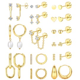 Jstyle 14K Gold Earrings Women Hypoallergenic Cartilage Earrings Set for Multiple Piercing Trendy Huggie Hoop Earring Lightweight Earring Stacks Small Cute Pearl CZ Studs Hoops 14K Gold