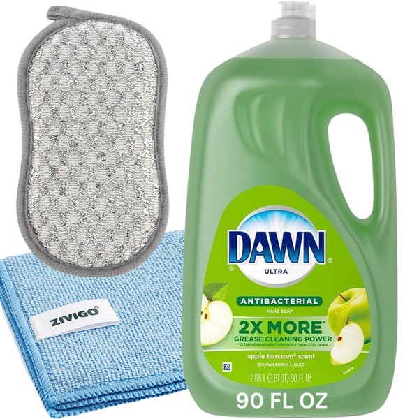Dawn Dish Soap Ultra Dishwashing Liquid, Apple blossom Scent Dishwasher Detergent, Hand Soap & Dish Soap Refill, 90 FL OZ, Bundled with Dual-Sided Scrubbing Sponge, Cleaning Towel, Duvilo
