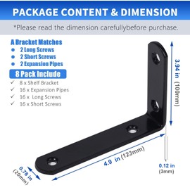 Mardili 8 Pcs Shelf Bracket,5 Inch Black Floating Shelf Bracket Heavy Duty Meta Walll L Bracket for Floating Shelf Bracket - Wall Mounted Support for DIY with Screws