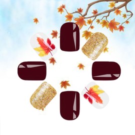 Fall Maple Press on Nails Thanksgiving Maple False Nails 24 Pcs Glossy Gold Glitter Acrylic Fake Nails Maple Gel Glue on Short Square Nails for Manicure Leaves Stick on Nails for Coquette Women Girls