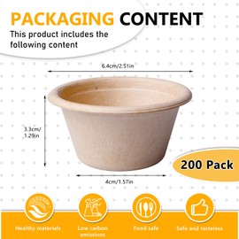 BORDEAG Pack of 200 Compostable Portion Cups, Disposable Souffle Cups, Dip Bowls, Mini Dip Bowls, Small Bowls for Dips (2 oz), Biodegradable Paper Cups, for Jello Shot, Souffle