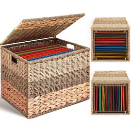 Cinnvoice Extra Large Decorative File Box 18 x 16 x 13 in Wicker Seagrass File Basket Organizer for Letter Legal Size Hand Woven Hanging Filing Cabinet with Lid for Office Water Hyacinth, Tricolor