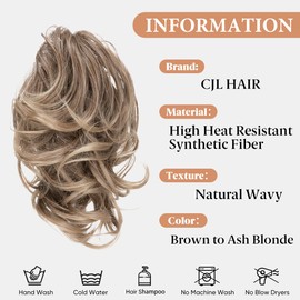 CJL HAIR Short Ponytail Hair Extensions DIY Bendable Metals Messy Bun Hairpiece for Wavy Curly Synthetic Hairpieces Brown to Ash Blonde