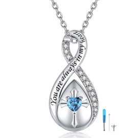 ZOEXUE Sterling Silver Infinity Urn Necklaces for Ashes: Cross Cremation Jewelry Pendant with Blue Aquamarine for Women - Teardrop Memorial Funeral Jewelry Gifts for A Loss of Loved Ones