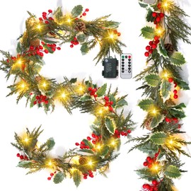 Ceenna 2 Pcs Prelit Christmas Garland with Globe Lights, 12 ft 20 Led Lighted Pine Cone Holly Berry Garland Battery Operated with 8 Modes Timer Remote for Home Fireplace Holiday Decorations (Red)