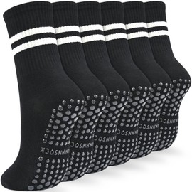 KOOOGEAR 3 Pairs Non-Slip Yoga Socks Pilates Socks for Women,Anti Slipper Stripes Long Crew Grip Socks (UK, Numeric, 4, 7, Regular, Regular, 3 Pairs Black)