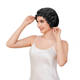 THXSILK 100% Pure Mulberry Silk Bonnet for Sleeping Women Silk Hair Bonnet with Elastic Band Soft Silk Sleep Caps for Women Silk Hair Wrap for Sleeping(M, Black)