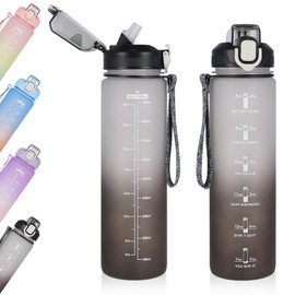 Fodlon Water Bottle, 1 Litre, Large Water Bottle with Straw, Time Marking, Leak-Proof Sports Bottle for Men, Women, Children, Fitness, Yoga, Gym, Outdoor, School, Offices, Matte Translucent (Black)