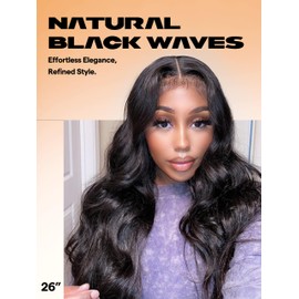 GORGIUS Black Wavy Lace Front Wigs Pre Cut Glueless Synthetic Long Hair Middle Part Frontal Wig For Women 26 Inch