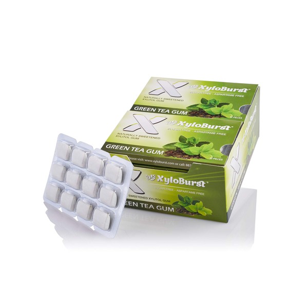 XyloBurst 100% Xilitol, goma de mascar natural, paquete de 12 tarjetas de blíster sin OMG, vegano, sin aspartamo, sin azúcar, apto para keto (té verde)