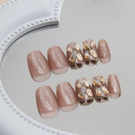 Short Press on Nails Short Fake Nails Square False Nails with Shiny Designs Rhinestone Designs Glue on Nails Champagne Color Stick on Nails Full Cover Glossy Cute Acrylic Nails Winter Artificial Nails