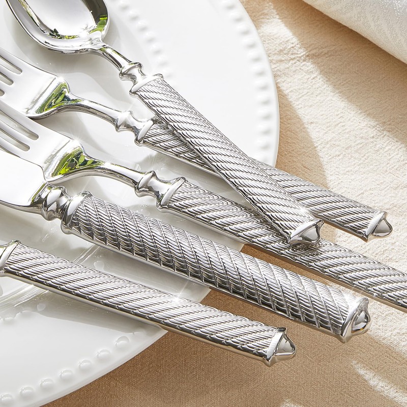 KINGSTONE Retro Rope-Pattern Silverware Set, 5-Piece Flatware Set Cutlery Set