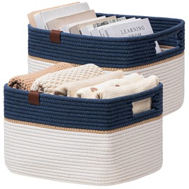 UBBCARE 2 Pack-15''L x 10''W x 9''H Storage Baskets for Shelves, Large Woven Rope Basket, Navy Blue&White