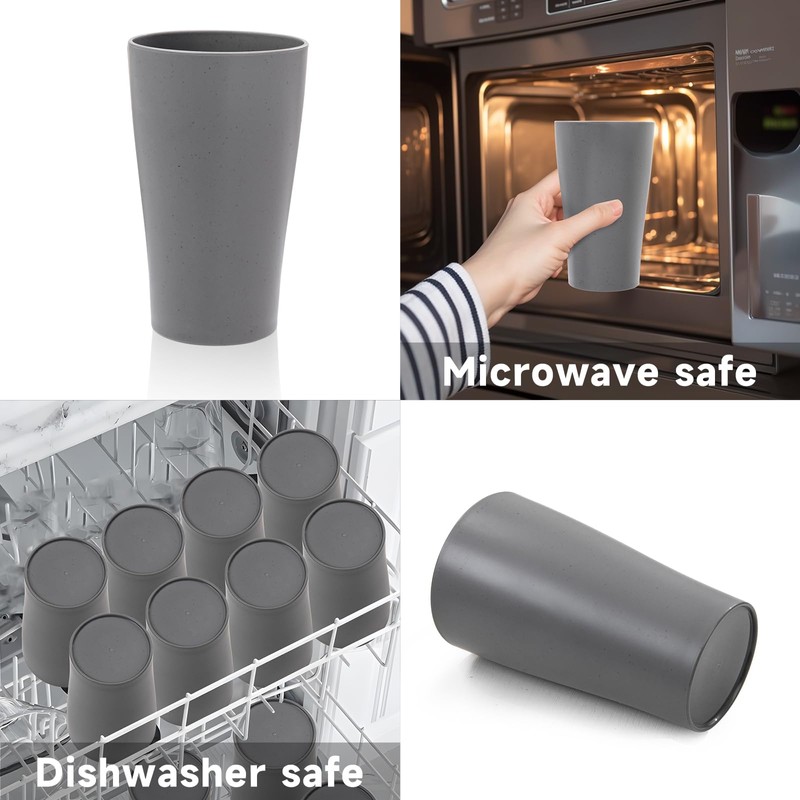 EI 8pcs Dark Grey Wheat Straw Cups,15oz Plastic Reusable Cups,Unbreakable