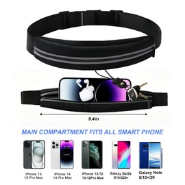 Slim Running Belt for Women and Men, Waterproof Phone Holder for Running, Reflective Waist Pack for Storing Runner’s Essentials Safely, Runner’s Fanny Pack, Money Belt Fits Most Phones (Light Black)