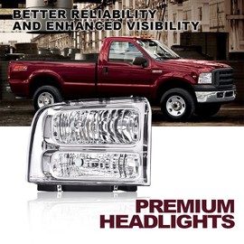 DOTCOM Headlights Assembly Compatible with 99-04 Ford F250 F350 F450 F550 Super Duty/00-04 Excursion Headlamp,Clear lens Chrome Housing Clear Reflector(Professional installation and drilling required)
