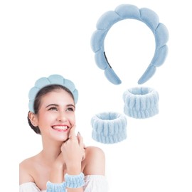 TPZORJX Schwamm Stirnband Armband Sets zum Waschen von Gesicht Make-up Stirnbänder für Frauen Mädchen Hautpflege Entfernung Spa Yoga Sport Dusche Kopfband Frottee Handtuch Stoff Haarband - Blau