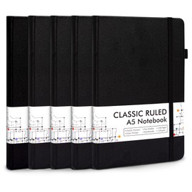 5 Pack Journal Notebook Bulk for School, Feela Hardcover Business Notebooks Classic Ruled Lined Journals with Pen Holder for Work Note Taking, with 5 Black Pens, 120 GSM, 5.1”x8.3”, A5, Black