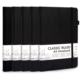 5 Pack Journal Notebook Bulk for School, Feela Hardcover Business Notebooks Classic Ruled Lined Journals with Pen Holder for Work Note Taking, with 5 Black Pens, 120 GSM, 5.1”x8.3”, A5, Black