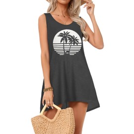 CHICGAL Womens Swimsuit Coverup Summer Beach Sleeveless T Shirt Bikini Tank Dress Loose Bathing Suit Cover Up(Grey Coconut Tree, S)
